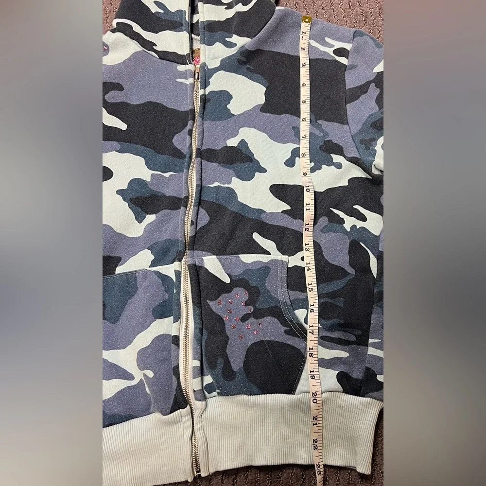 Primp Women’s Blue Camouflage Camo Zip-Up Hoodie with Pink Rhinestones Y2K - Picture 10 of 10